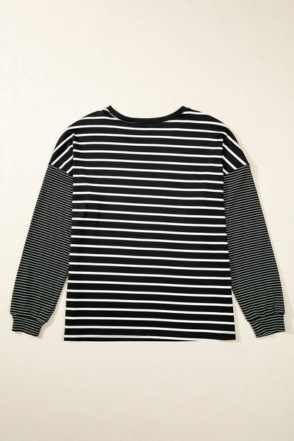 Black Striped Patchwork Loose Long Sleeve Tee