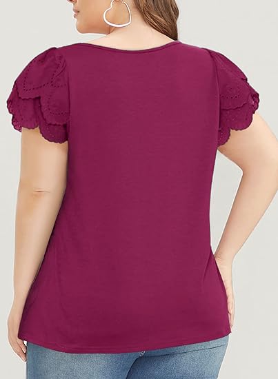 Womens Plus Size Tops Ruffle Short Sleeve Square Neck Summer Loose Casual Tee Shirts