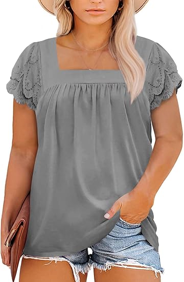 Womens Plus Size Tops Ruffle Short Sleeve Square Neck Summer Loose Casual Tee Shirts