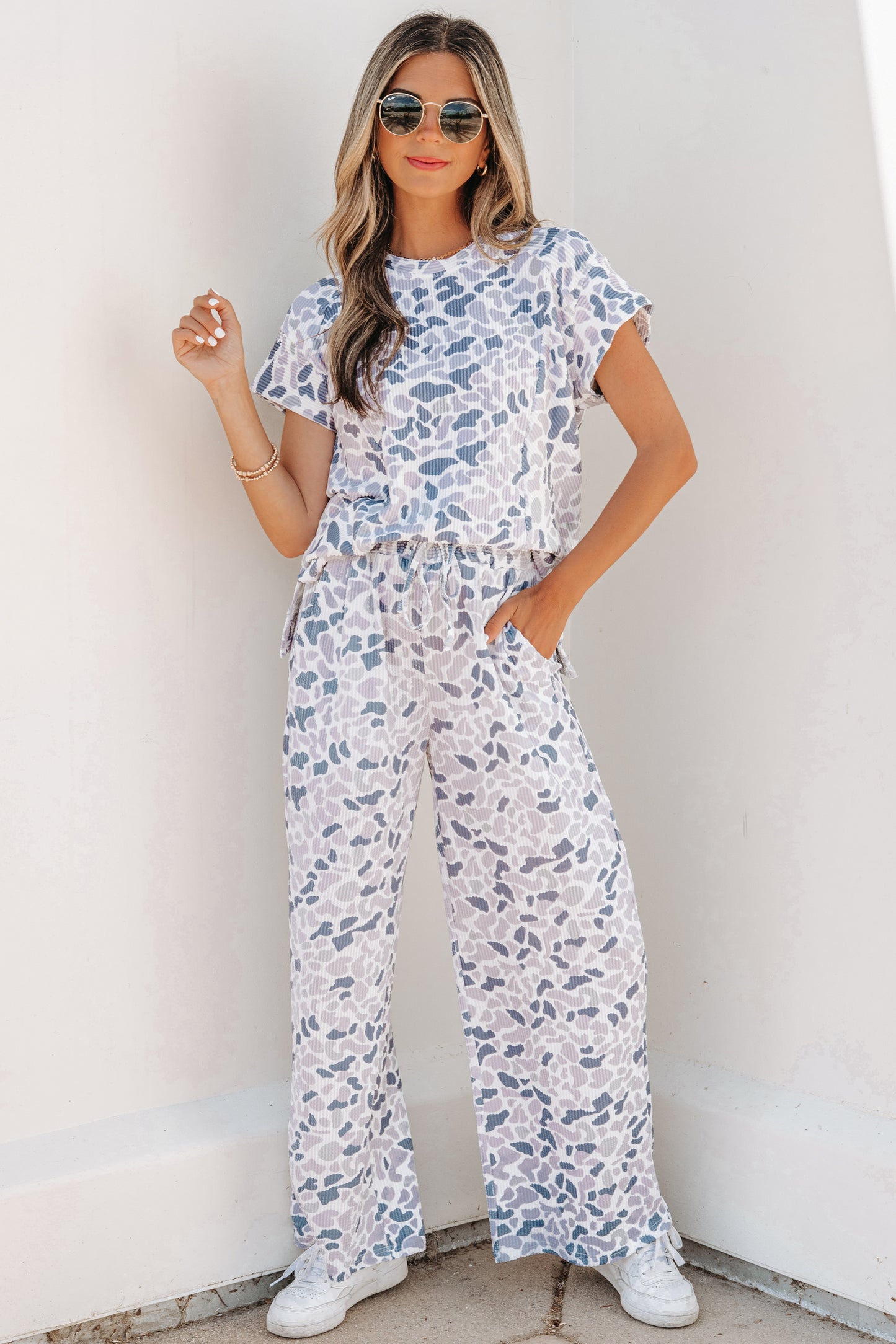 Women Camo Print Two Piece Set Casual Tee Drawstring Pants