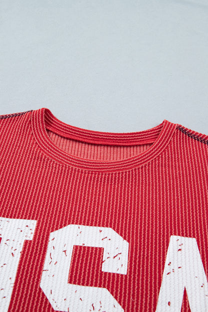 USA Ribbed Graphic Tee Loose Fit Flag Day July 4th