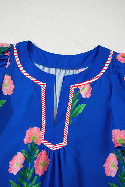 Easter Floral Split Neck Short Sleeve Mini Dress