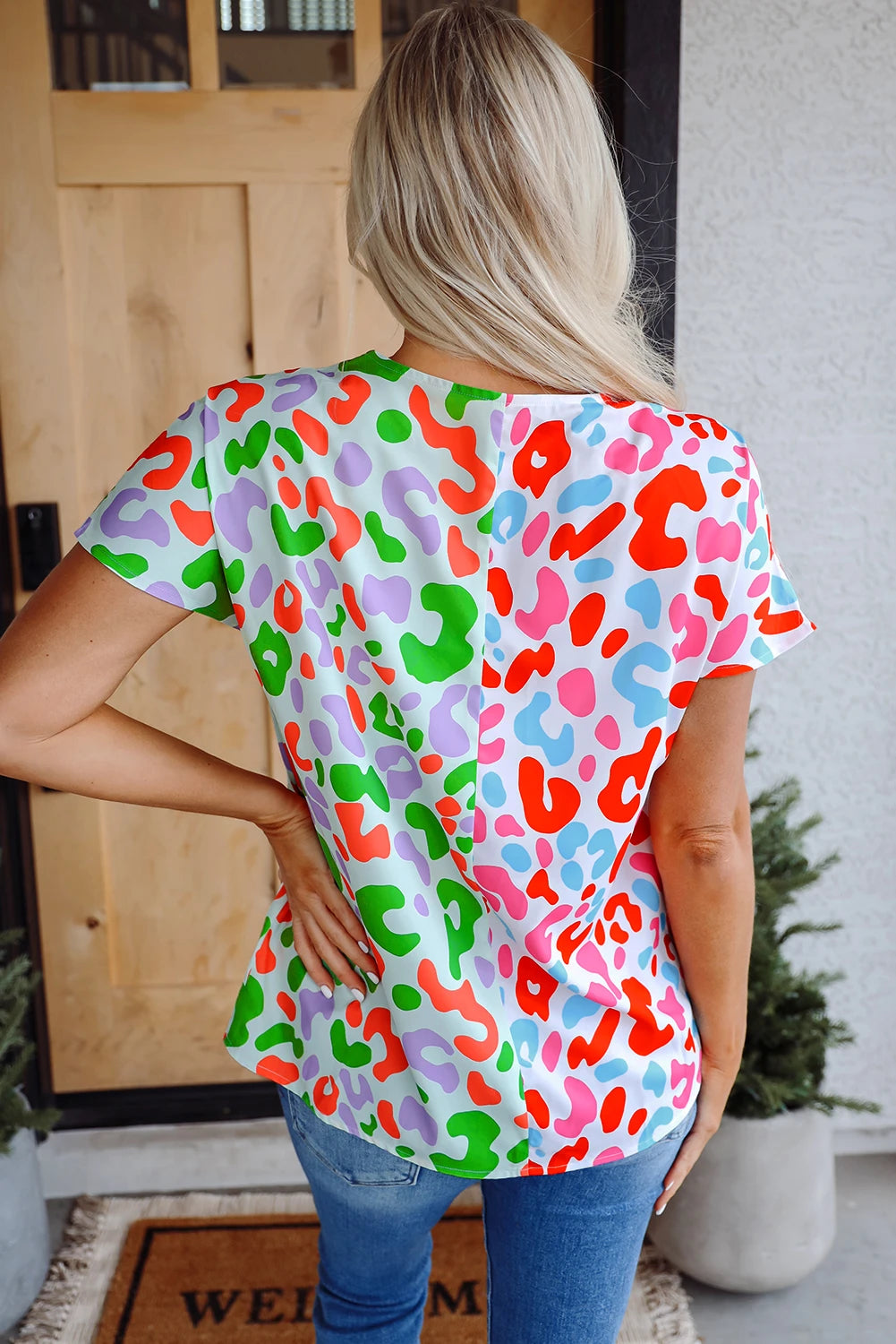 Colorful Leopard Print V Neck Short Sleeve Women’s Blouse