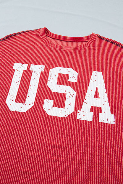 USA Ribbed Graphic Tee Loose Fit Flag Day July 4th