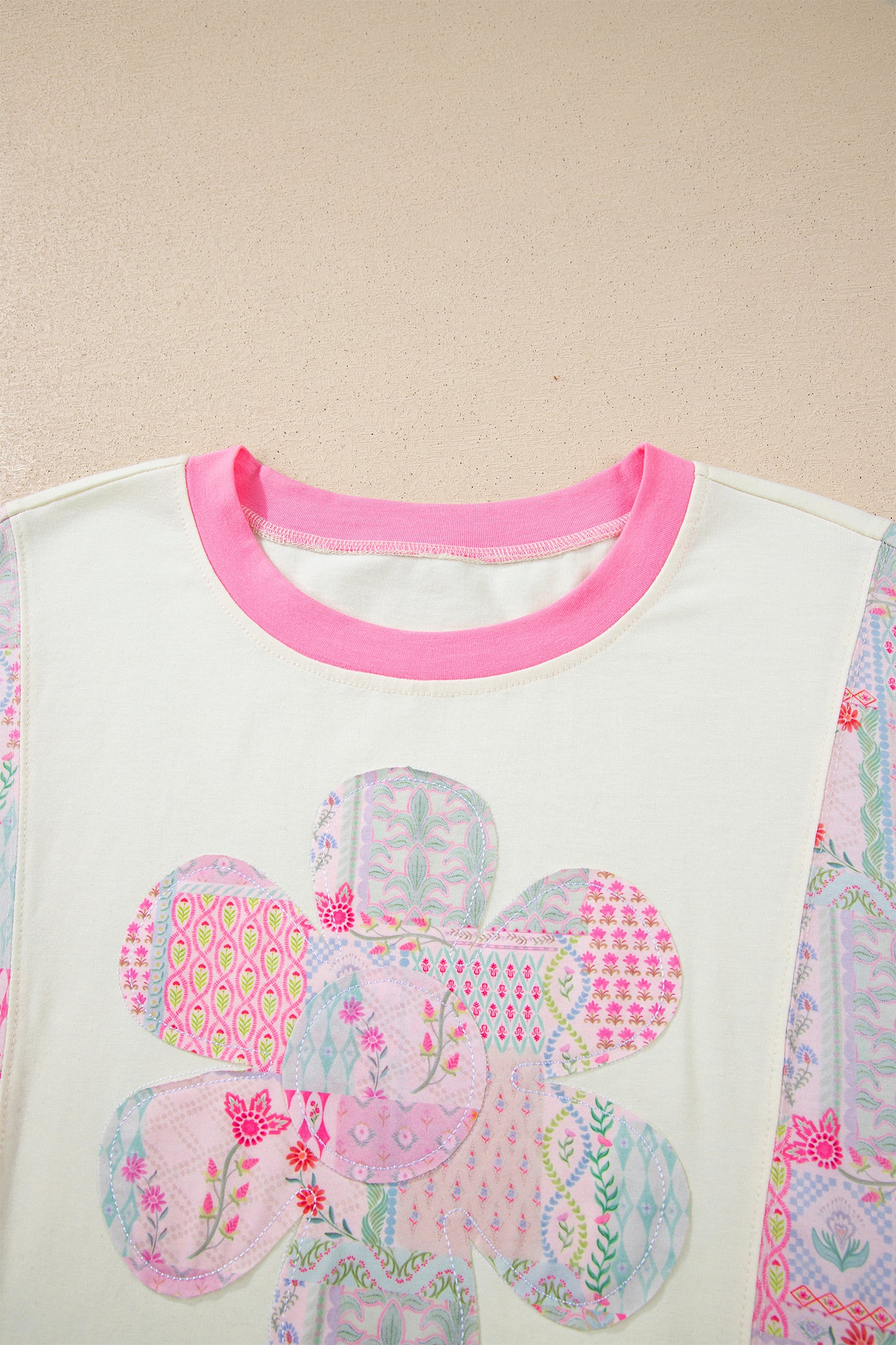 Beige Floral Patchwork Color Block Relaxed Fit Top