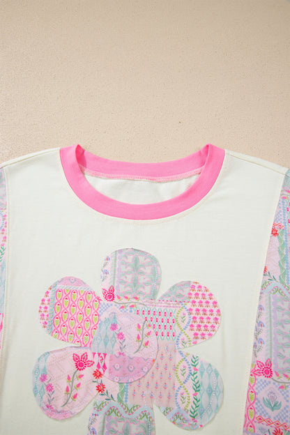 Beige Floral Patchwork Color Block Relaxed Fit Top