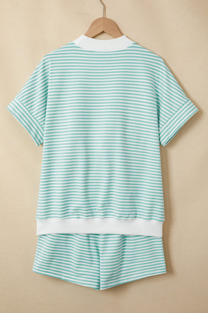 Casual Stripe 2 Piece Short Set Women Lounge Outfit