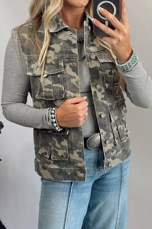 Camo Cargo Button Down Denim Vest with Utility Pockets