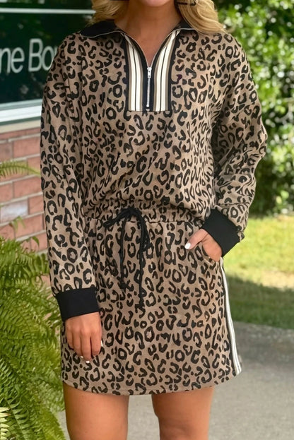 Jet Stream Leopard Print Quarter Zip Long Sleeve Top Drawstring Mini Skirt Varsity 2pcs Set