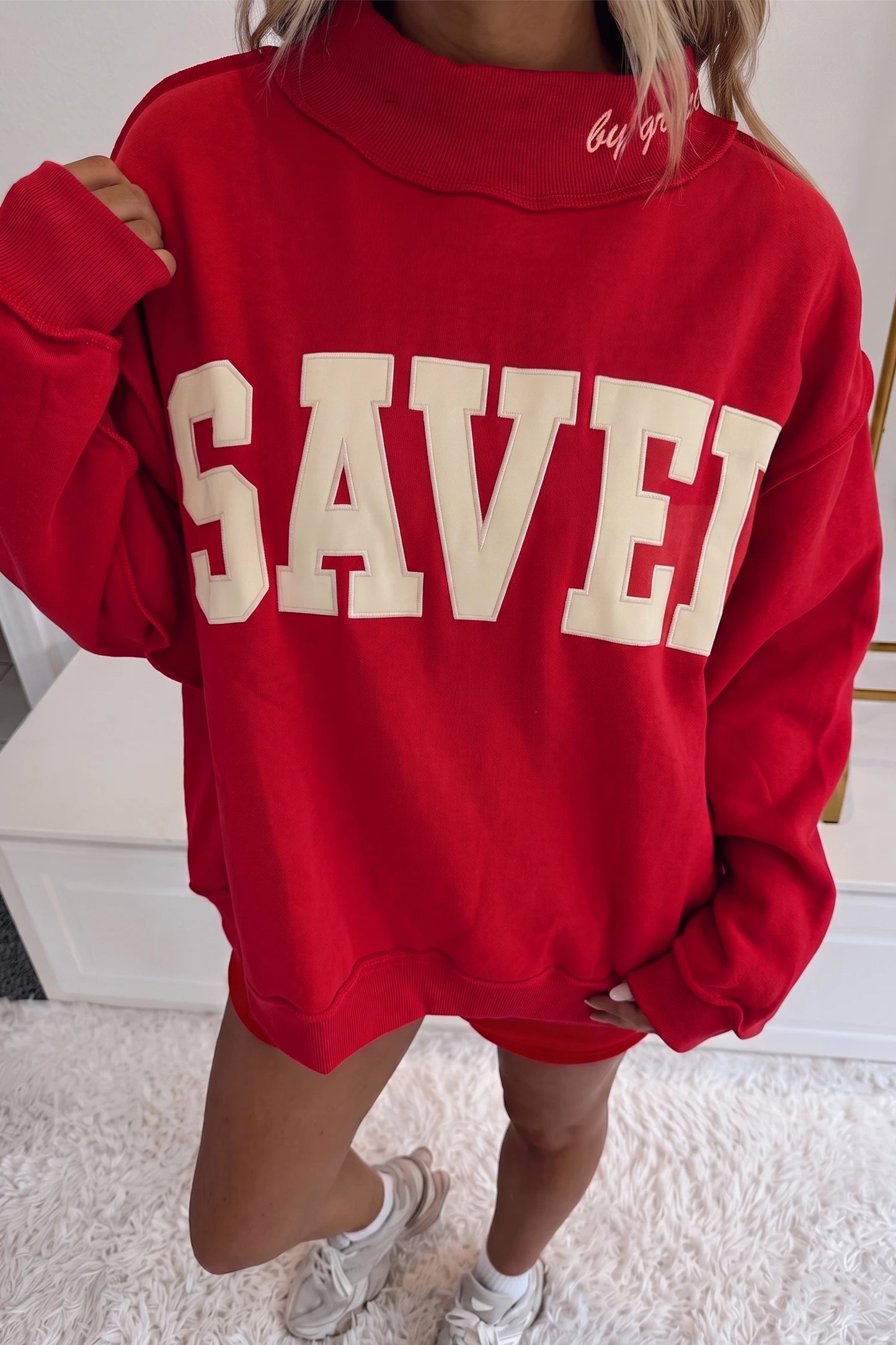 Saved By Grace Embroidered Mock Neck Sweatshirt