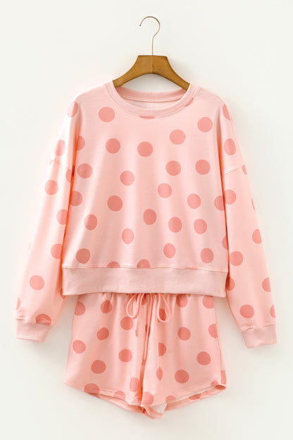 Pink Polka Dot Drop Shoulder Pullover Shorts Set