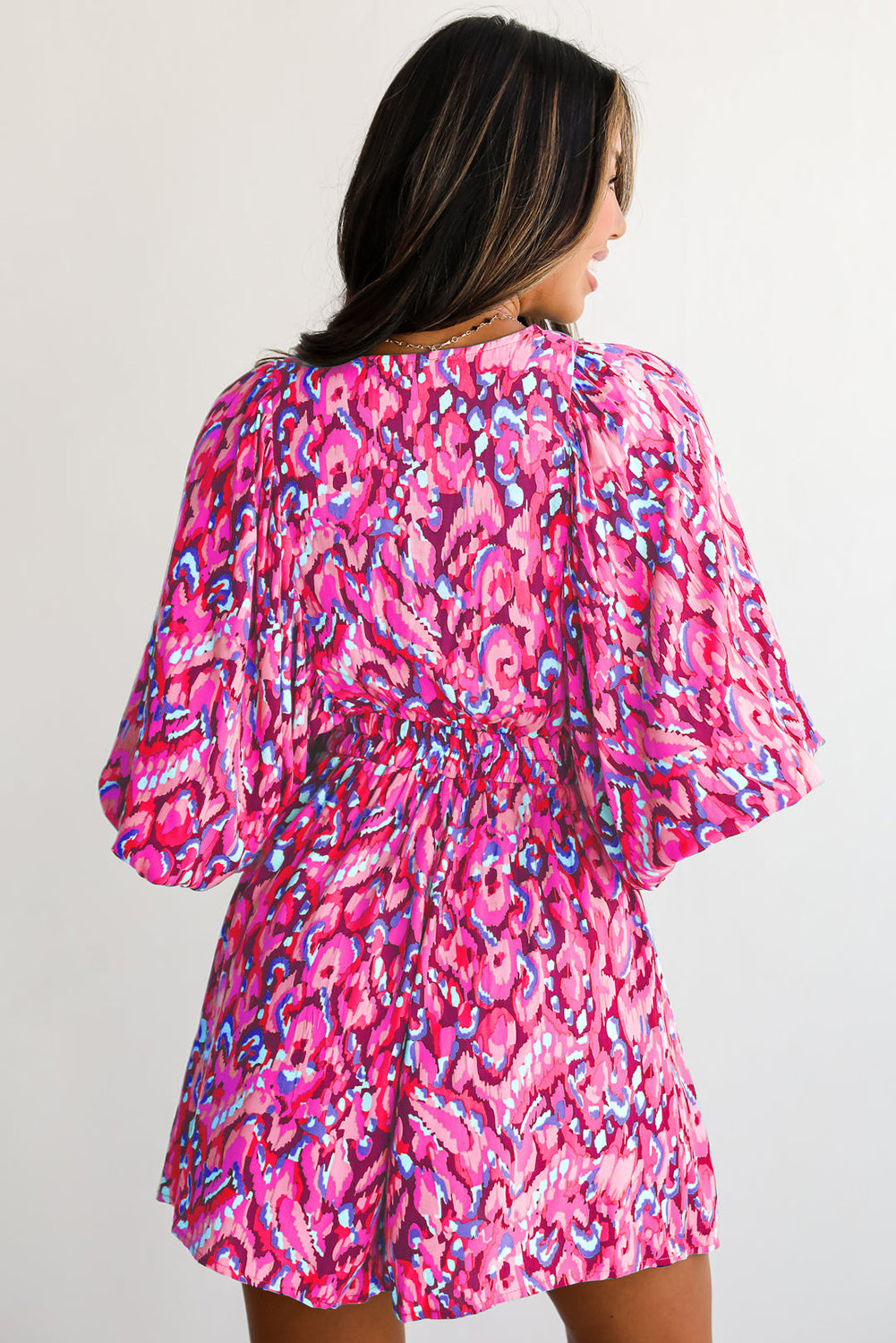 Green Abstract Print V Neck Puff Sleeve Smocked Romper