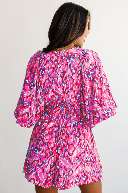 Green Abstract Print V Neck Puff Sleeve Smocked Romper