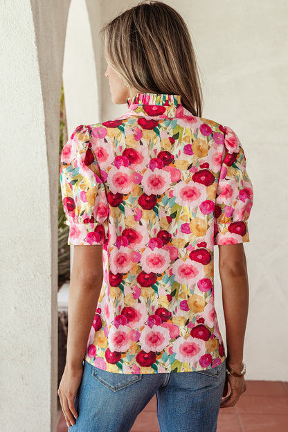Pink Floral V Neck Puff Sleeve Blouse