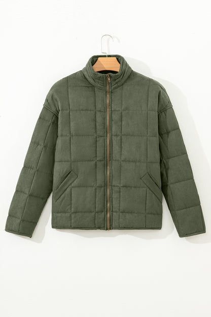 Olive Green Quilted Zip-Up Jacket with Pockets