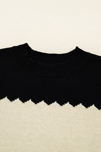 Black Beige Brown Colorblock Drop Shoulder Knit Sweater