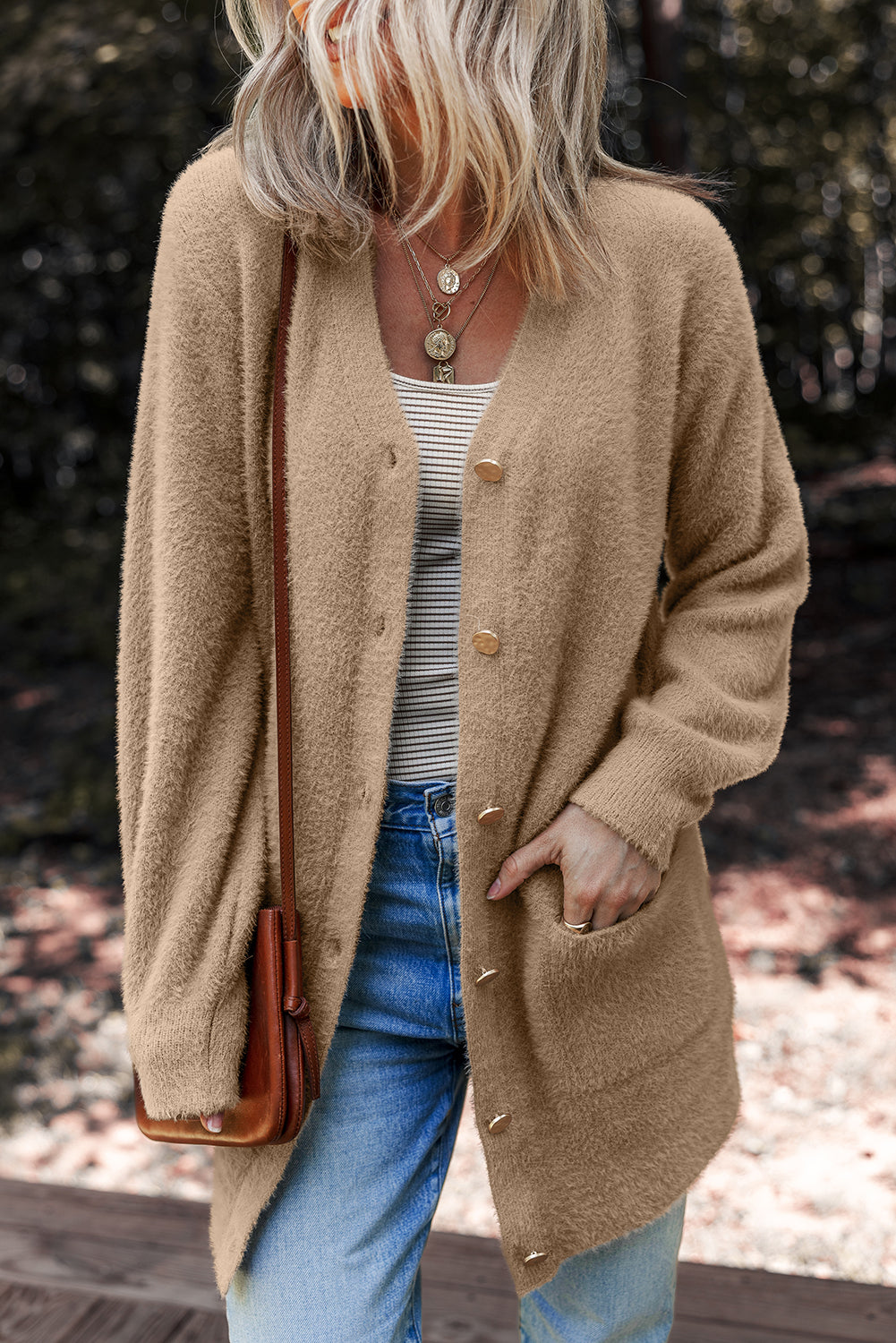 Soft Fuzzy Button Front Long Knit Cardigan with Pockets