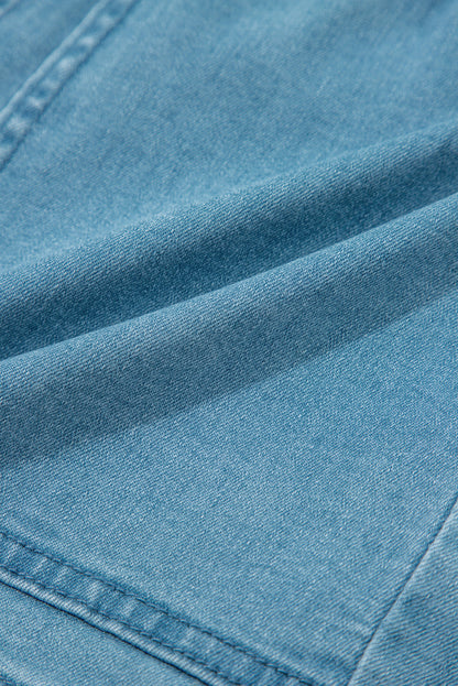 Light Wash Drawstring Denim Shorts Elastic Waist Pockets