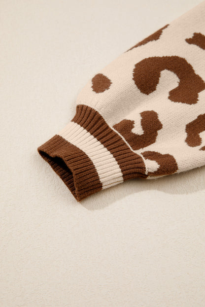 Leopard Print V Neck Sweater Casual Knit Pullover for Women
