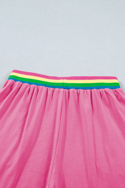 Bright Pink Lounge Set Rainbow Waistband Tee and Shorts