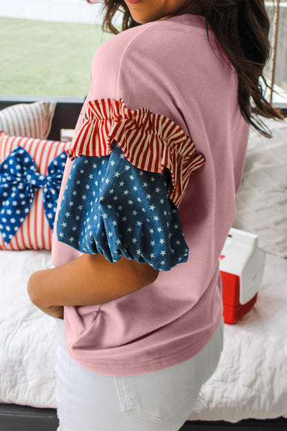 Patriotic Stars and Stripes Puff Sleeve Fourth of July Top