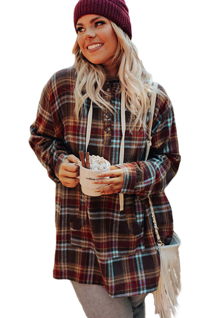 Fiery Red Plus Size Plaid Kangaroo Pocket Drawstring Hoodie