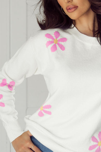 White Flower Pattern Ribbed Edge Elegant Sweater