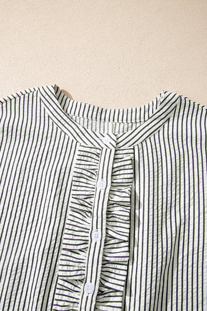Black Stripe Ruffle Half-Button Short Sleeve Maxi Dress