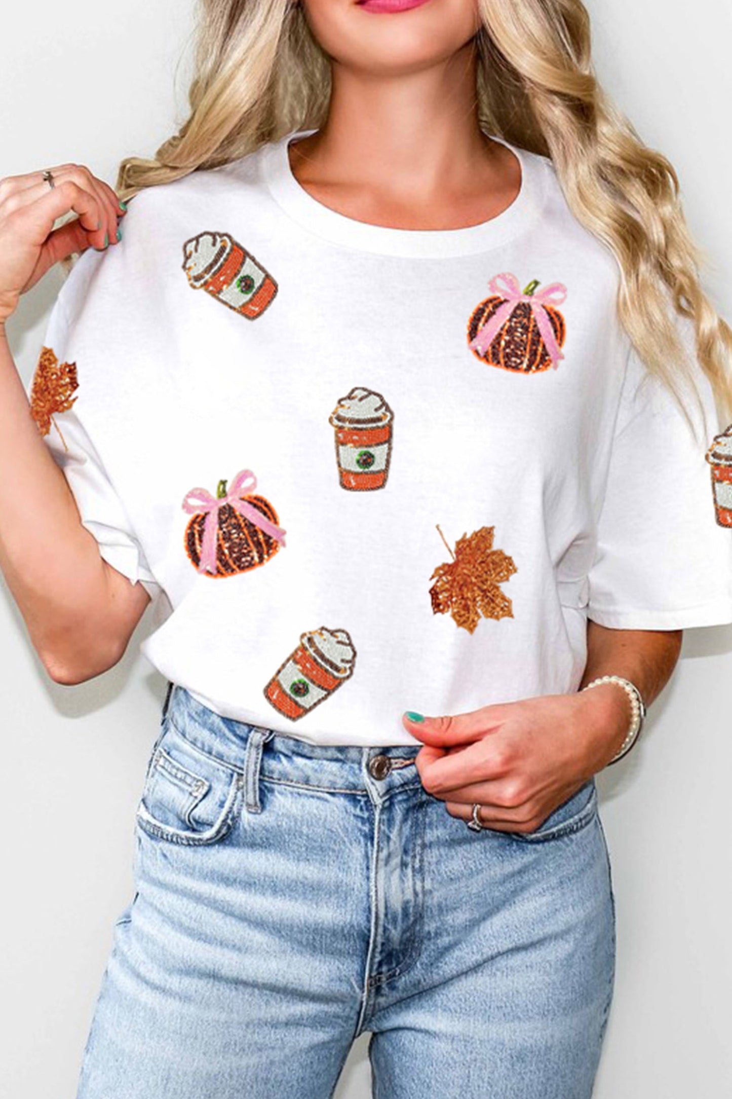 Sequin Pumpkin Coffee Thanksgiving Fall Graphic Tee