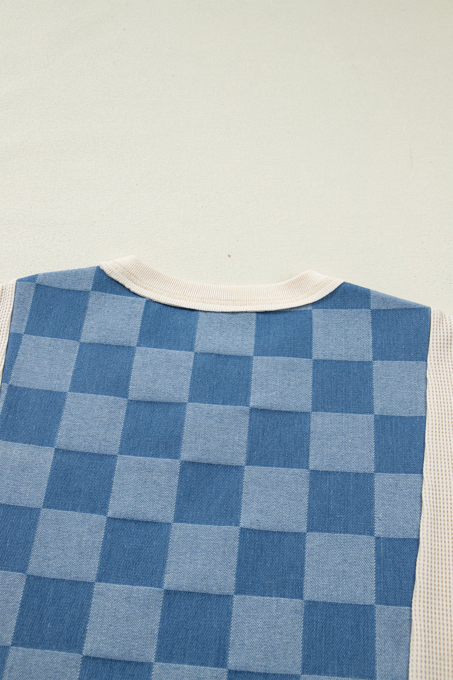 Blue Checkerboard Patchwork Short Sleeve Loose Fit Top