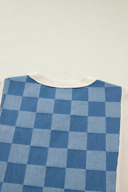 Blue Checkerboard Patchwork Short Sleeve Loose Fit Top