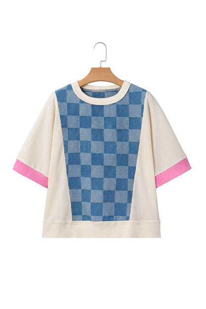 Blue Checkerboard Patchwork Short Sleeve Loose Fit Top