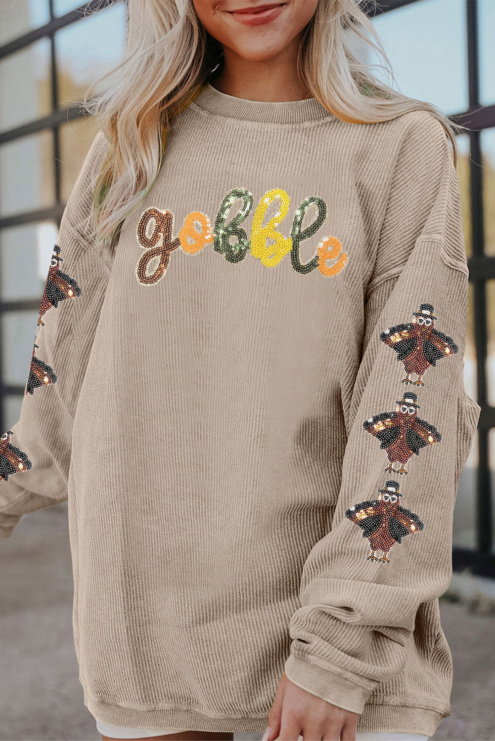 Thanksgiving Turkey Sequin Gobble Corded Sweatshirt