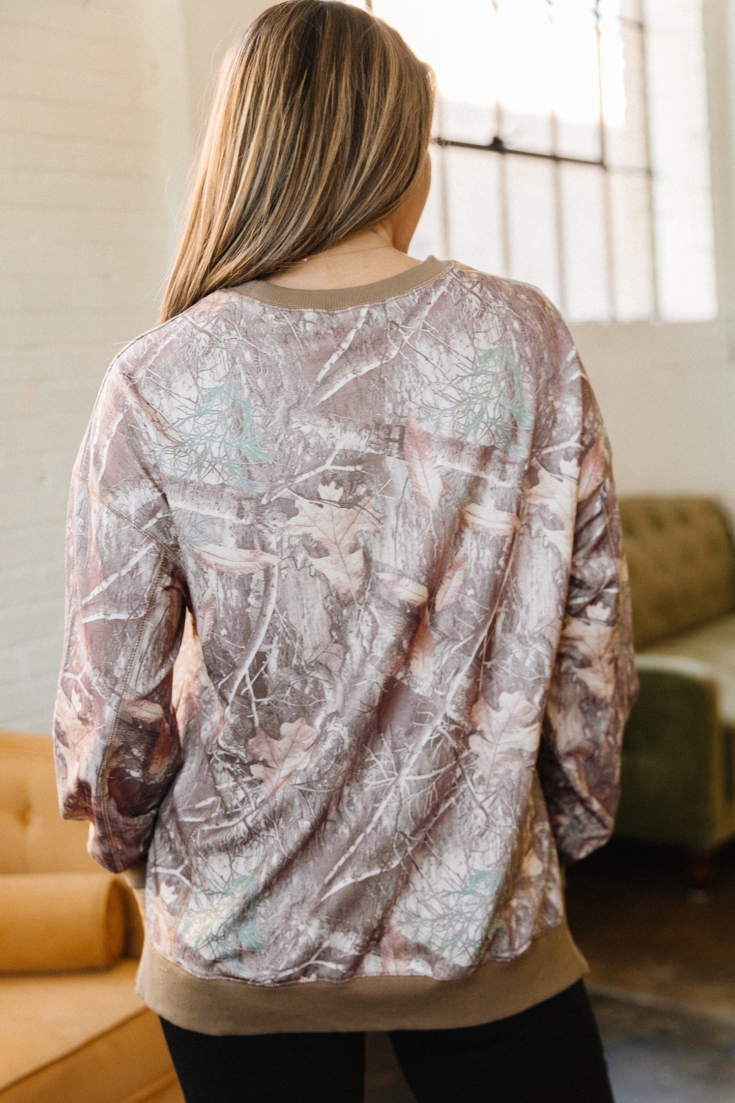 Camo Print Oversized Sweatshirt Colorblock Trim Pullover