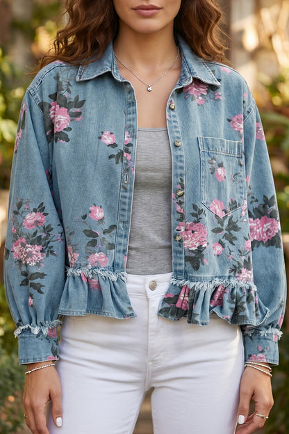 Floral Denim Jacket Ruffle Hem Puff Sleeve Cropped