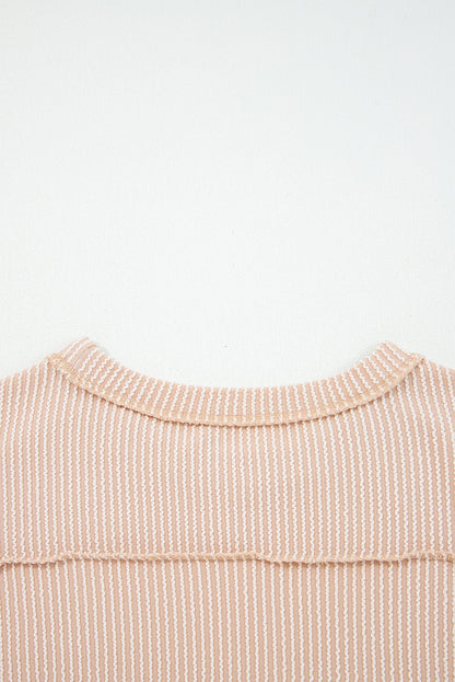 Dark Khaki Twist Ribbed Exposed Seam Detail Long Sleeve Loose Top