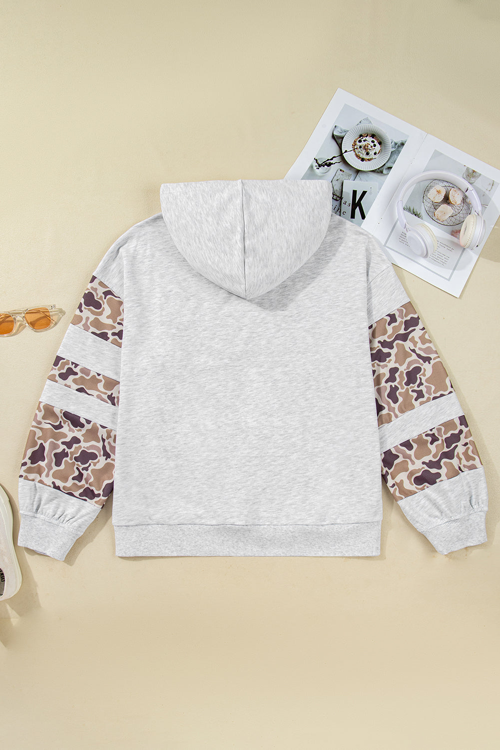 Light Gray Camo Patchwork Hoodie with Asymmetric Sleeves