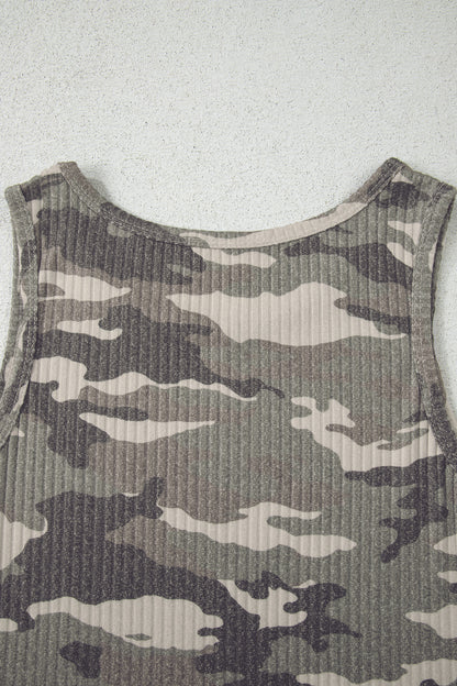 Green Camo Ribbed Knit Scoop Neck Tank Top