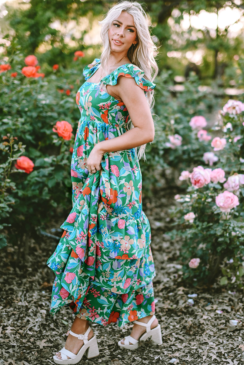 Easter Floral Square Neck Ruffle Strap Maxi Dress
