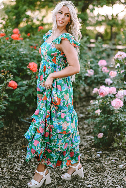 Easter Floral Square Neck Ruffle Strap Maxi Dress