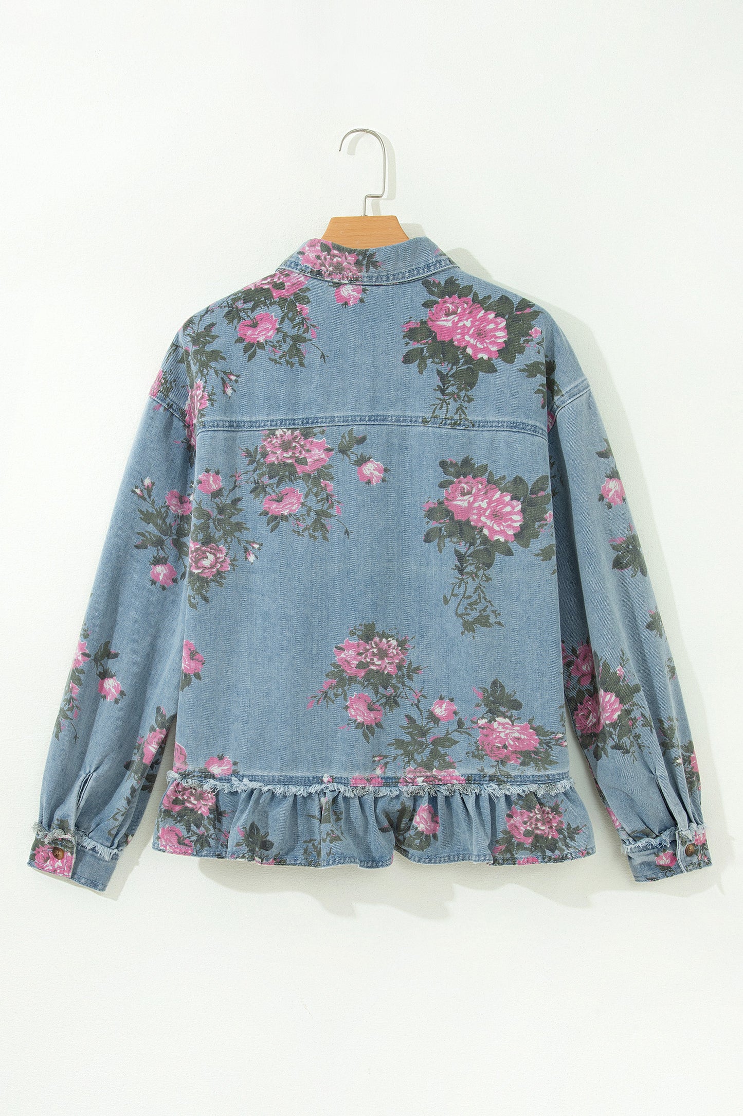 Floral Denim Jacket Ruffle Hem Puff Sleeve Cropped