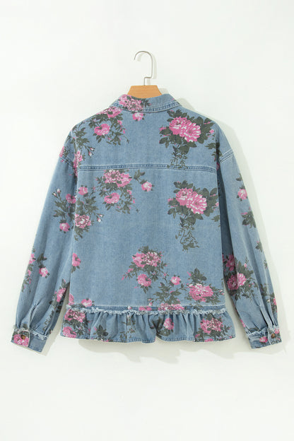 Floral Denim Jacket Ruffle Hem Puff Sleeve Cropped