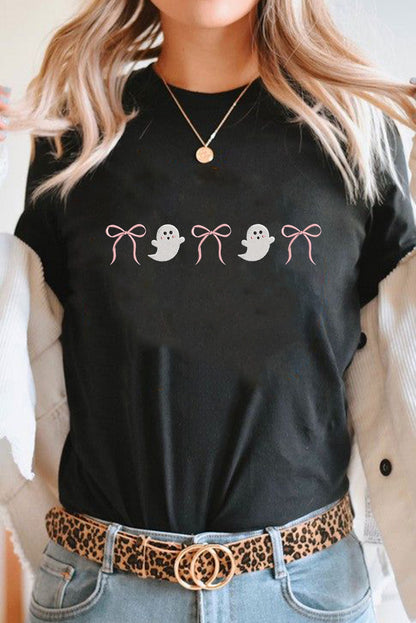 Halloween Ghost Bow Embroidered Graphic Short Sleeve Tee