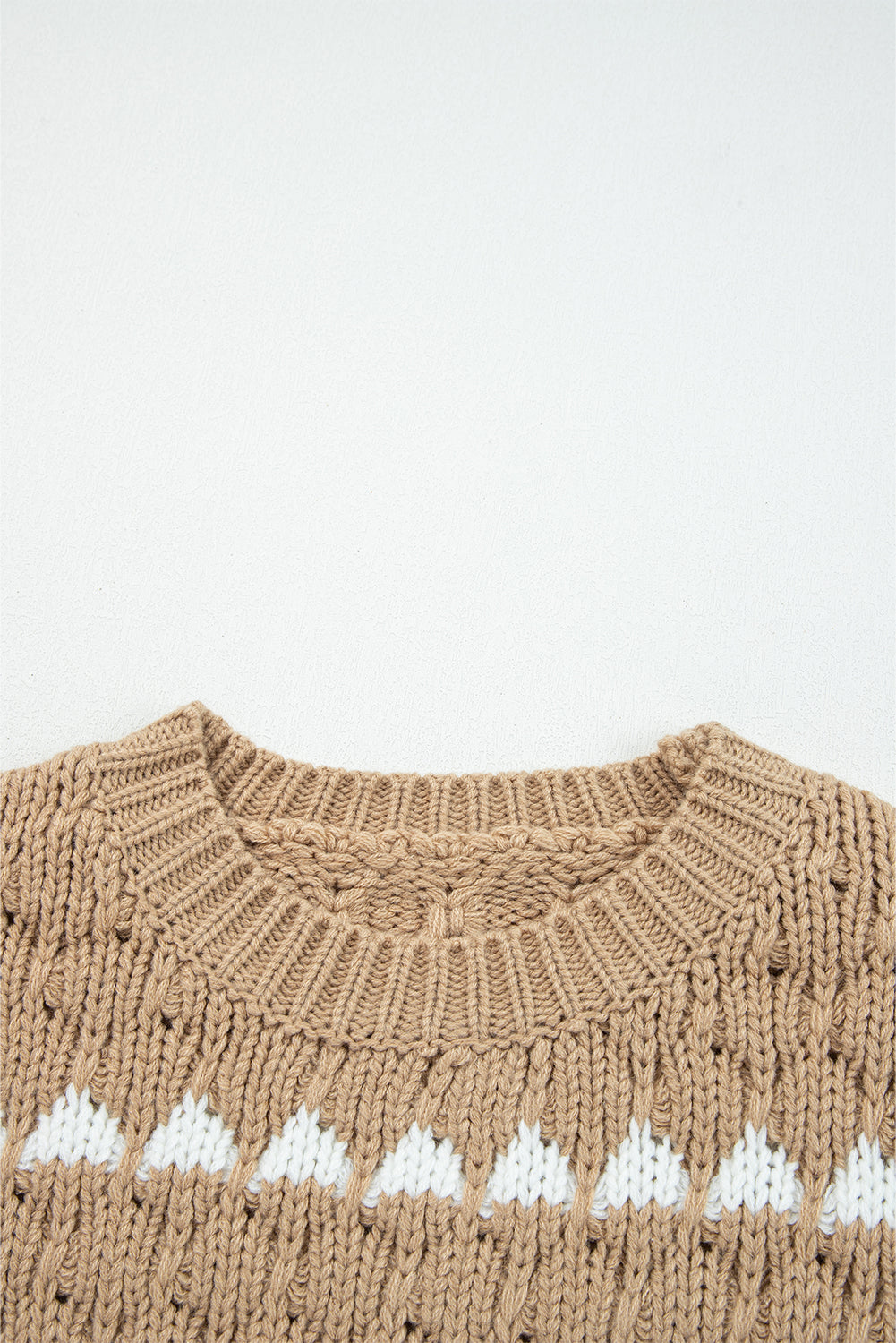 Khaki Textured Knit Sweater Puff Sleeve Loose Fit Pullover