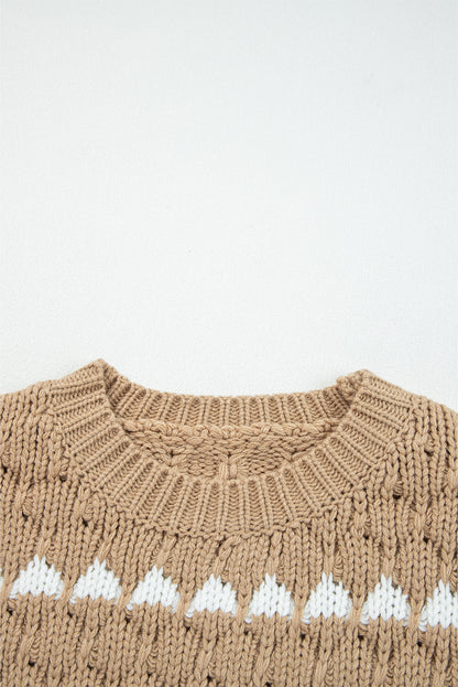 Khaki Textured Knit Sweater Puff Sleeve Loose Fit Pullover