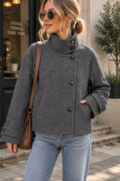 Women's Oversized Stand Collar Wool Blend Cropped Jacket