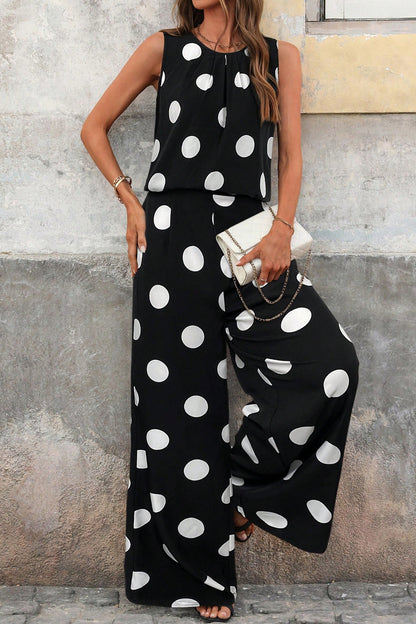 Black Polka Dot Wide Leg Pants and Tank Lounge Set