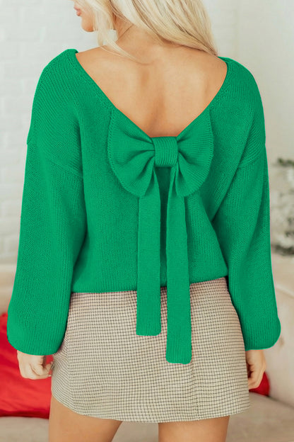 Valentine’s Day Red Bow Backless Bubble Sleeve Sweater