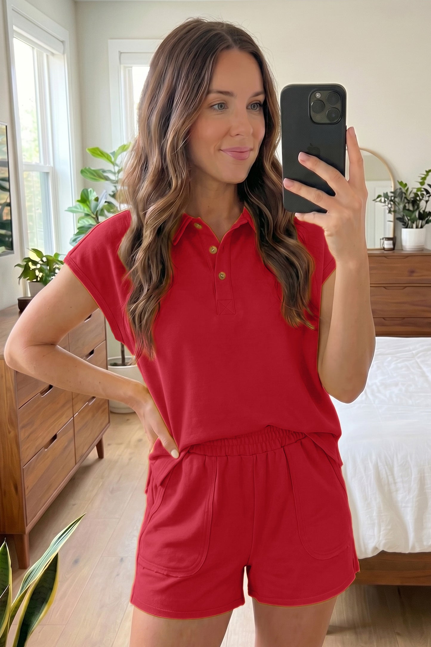 Polo Collar Lounge Set Loose Top and Shorts Outfit