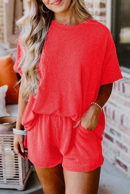 Ribbed Textured Knit Loose Fit Tee and Shorts Set